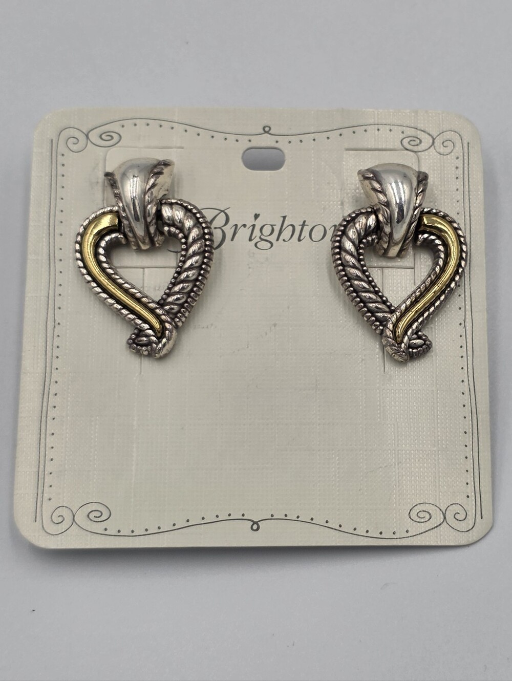 Brighton Vintage Mixed Metals Doorknocker Heart Drop Earrings Silver Gold
